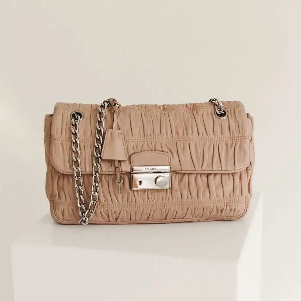 Prada Nappa Gaufre Chain Shoulder Bag in Nude Pink Grained Leather